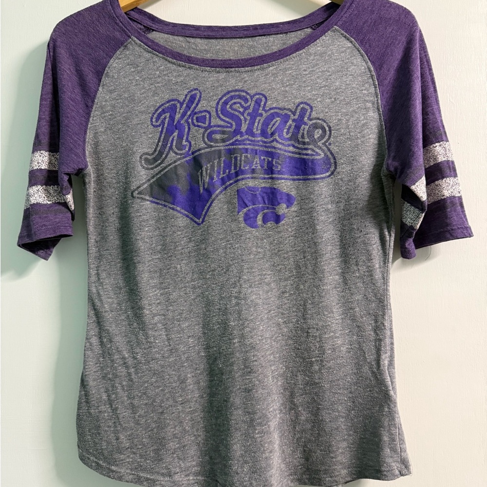 K-State Wildcats Purple Gray Raglan Tee Women’s M Game Day Shirt